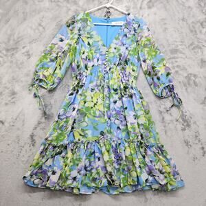 Taylor Dress Womens 8 Blue Green Purple Floral V-Neck 3/4-Sleeve Smocked-Waist